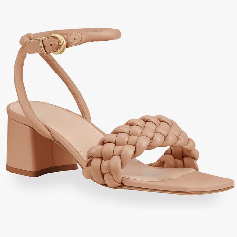 Rilista Sandals Heels Braided Square Open Toe Ankle Strap Chunky Heels Camel 8.5